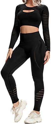 YOFİT kadın Egzersiz Kıyafeti 2 Adet Dikişsiz Yüksek Bel Yoga Tayt Uzun Kollu Kırpma Üst Spor Giyim Seti