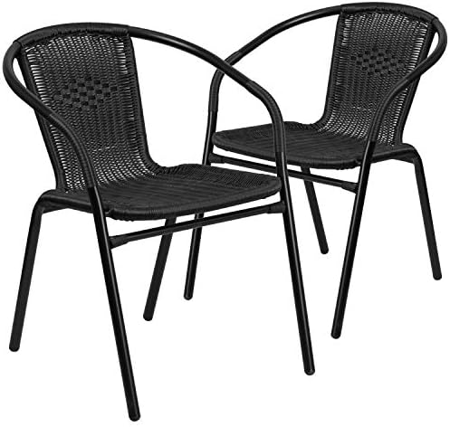 Flaş Mobilya 2 Paket Siyah Rattan Kapalı-Açık Restoran Yığını Sandalye ve Flaş Mobilya 28 Yuvarlak Temperli Cam Metal