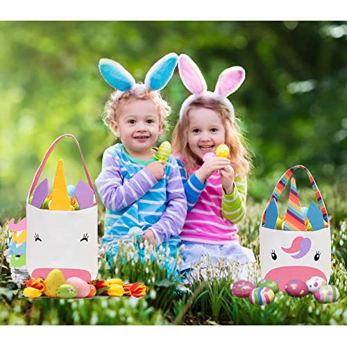 Stcomart Unicorn Paskalya Sepetleri Çocuklar için, 2 ADET Yumurta Av Sepeti Kanvas Çanta Paskalya Süslemeleri