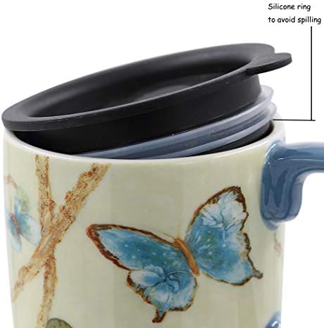 Topadorn Kahve Seramik Kupa Porselen Latte çay kapaklı bardak 17 oz, Mavi Kelebek anneler Günü Kupa
