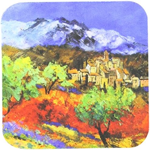 3dRose CST_21114_1 Provence Peyzaj Zeytin Ağaçları ve Gelincikler Yumuşak Bardak Altlığı, 4'lü Set