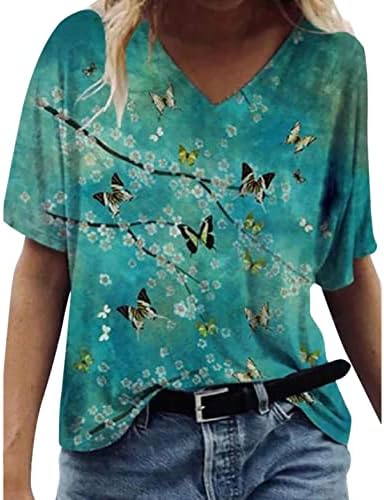 Kadın Grafik Üst Sonbahar Yaz Kısa Kollu Giyim Pamuk V Boyun Brunch Bluz Tee Bayan C7 C7