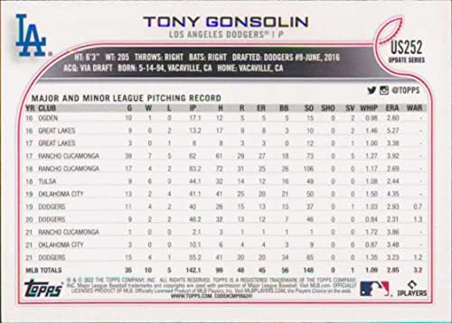 2022 Topps Güncellemesi US252 Tony Gonsolin Los Angeles Dodgers MLB Beyzbol Ticaret Kartı