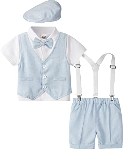 A & J tasarım Bebek Boys Giyim Seti, 4 adet Beyefendi Takım Elbise Gömlek ve Şort ve Yelek ve Şapka (18 Ay-3 Yıl)