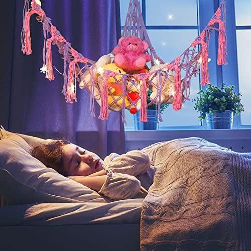 FXTNKYY Oyuncak Hamak ile led ışık, Doldurulmuş Hayvan Depolama Organizatör Tutucu, Çocuk yatak odası dekoru Püsküllü,