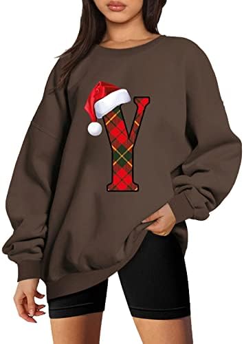 Dnuri Kadınlar Noel T Shirt Bluzlar Tops Y Mektup Santa Şapka Baskı Tişörtü Ekip Boyun Uzun Kollu Kazak Noel Tee Gömlek