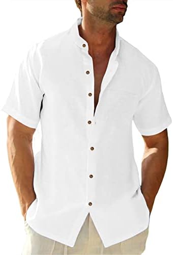 Angeun Erkek Keten Gömlek Düğmesi Aşağı Kısa Kollu Gömlek Bantlı Yaka Egzersiz Casual Gevşek Fit Yaz Plaj T Shirt