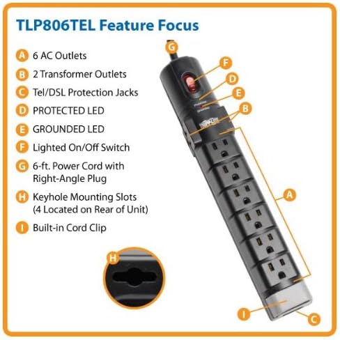 Tripp Lite 8 Çıkışlı Aşırı Gerilim Koruyucu Güç Şeridi, 6 ft Kablo Dik Açılı Fiş, Tel / Modem ve 150 Bin Dolarlık
