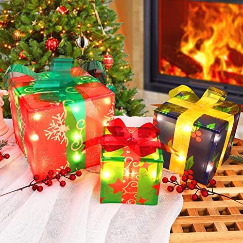 ThinkMax Noel Süslemeleri Açık Noel süslemeleri 3 paketleri ışıklı hediye kutuları süslemeleri için ev, kapalı, açık,