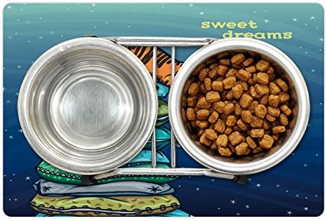 Yiyecek ve Su için Lunarable Kedi Evcil Hayvan Matı, Kulenin Üzerinde Uyuyan Tekir Yavru Kedi Yıldızlı Gece Rüyalarında