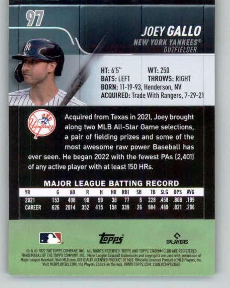 2022 Stadyum Kulübü Siyah Folyo 97 Joey Gallo New York Yankees MLB Beyzbol Ticaret Kartı
