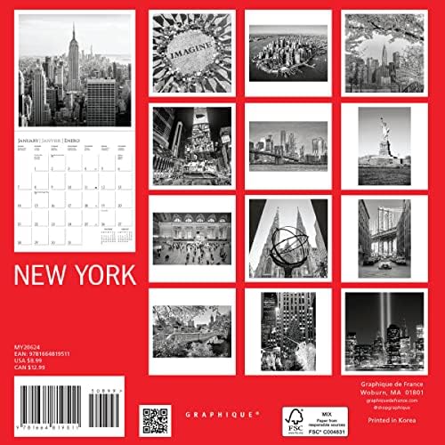 Graphique 2024 New York Mini Duvar Takvimi / 7 x 7 | / Kalın Kağıt | Ev ve Ofis Organizatörü / Büyük Aylık Izgara